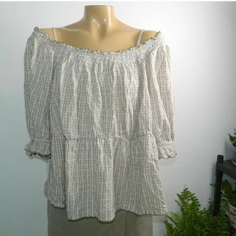 Old Navy Peplum Blouse Womens 2X Cream Plaid Smocked Puff Sleeve Square Neck